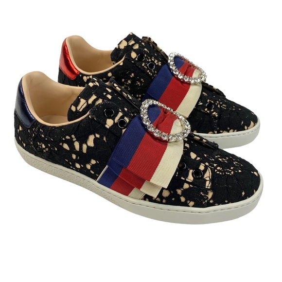 Gucci Shoes - Gucci Ace Black Lace Sylvie Sneaker Crystal Bow